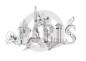 Paris lettering decorated with flowers and the Eiffel tower and other architecture sights.