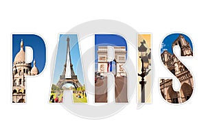 Paris letters with monuments isolated on white