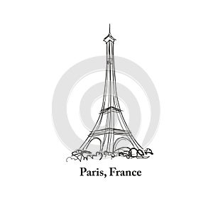 Paris line art icon over white background. Paris sketch doodle drawn sign with park stree trees and Eiffel tower landmark. Travel photo
