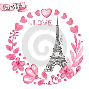 Paris in love. Watercolor floral pink wreath, Eiffel tower