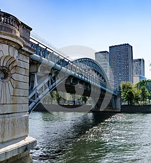 Paris new modern building district and ile aux Cygnes railway bridge