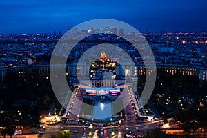 Paris. Night View from Eiffel Tower to La Defance