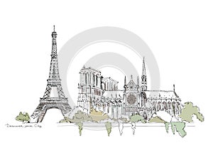 Paris, Notre Dame. Thriumph arch and Eiffel Tower, sketch collection