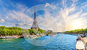 Paris panorama with Eiffel Tower and River Seine at sunset, France