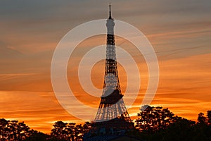 Paris panoramic view, silhouette of Eiffel tower at sunrise