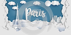 Paris in paper cut style with city and Eiffel tower, France.