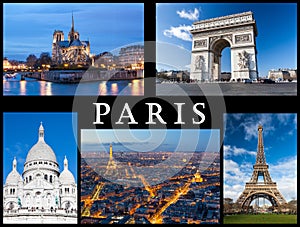 Paris postcard: Notre Dame, Eiffel Tower, Basilica of Sacred Heart, Arc of Triumph and a skyline of the city.
