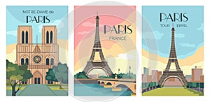 Paris posters. Vintage France travel postcards for French tour or beautiful trip landmark. Urban landscape. Eiffel tower