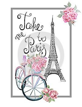 Paris romantic t-shirt print with bicycle, Eiffel tower and rose