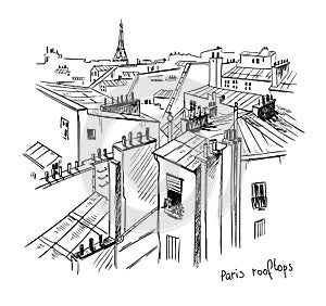 Paris rooftops. Vector sketch, line drawing