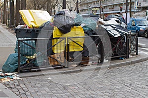 Paris rubbish containers loaded with junk plastic bags during strike