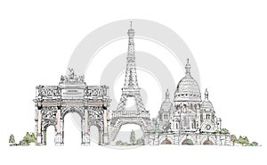 Paris, Sacred Heart in Montmartre, Thriumph arch and Eiffel Tower, sketch collection