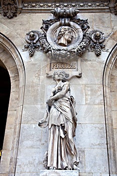 Paris. Sculptures and high reliefs on the facade of Opera Garnier. Portrait of Pergolesi