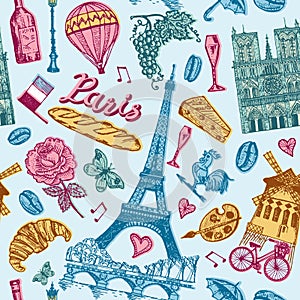 Paris seamless pattern in vintage retro style. France, eiffel tower and buildings. Retro doodle elements. Vector