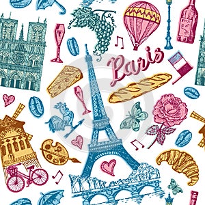 Paris seamless pattern in vintage retro style. France, eiffel tower and buildings. Retro doodle elements. Vector