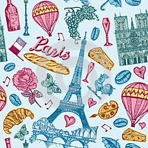 Paris seamless pattern in vintage retro style. France, eiffel tower and buildings. Retro doodle elements. Vector