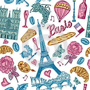 Paris seamless pattern in vintage retro style. France, eiffel tower and buildings. Retro doodle elements. Vector