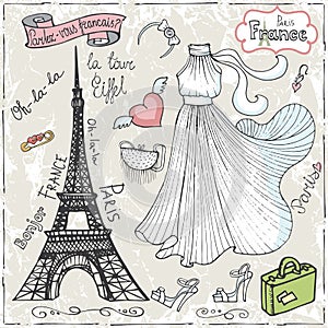Paris set.Dress,lettering,fashion.Hand drawn doodle sketchy photo