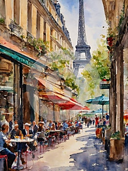 Paris Sidewalk Cafe Watercolor Vintage Image with Eiffel Tower