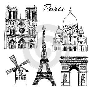 Paris sightseeing set. Eiffel tower, Arc de Triomphe, Basilica of Sacre Coeur, Moulin Rouge, Notre Dame. France. Vector