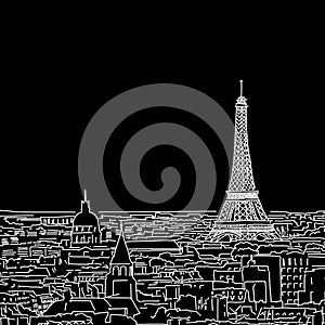 Paris skyline drawing. Black and white illustration