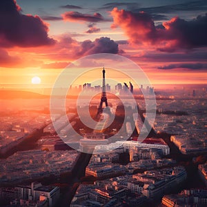 Paris Skyline Graced by the Setting Sun, An Evening Tapestry of Radiant Beauty. Generative ai for illustrations photo