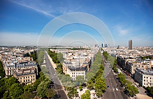 Paris Skyline. La Defense Business Area, La Grande Armee Avenue and Avenue Foch