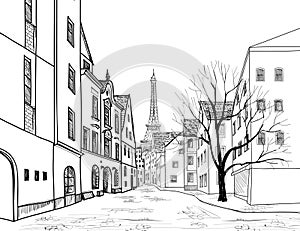 Paris street. Cityscape - houses, buildings and tree on alleyway