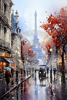 Paris street with Eiffel Tower, France. Digital watercolor painting