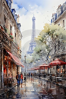 Paris street with Eiffel Tower, France. Digital watercolor painting
