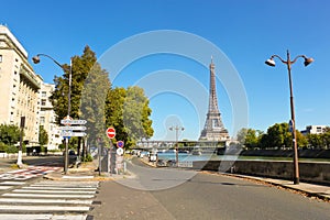 Paris street, Seine, Bir-Hakeim bridge and Eiffel tower