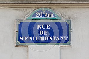 Paris street sign rue de Menilmontant France