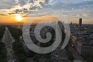 Paris sunset view from Arch of Triumph background top view