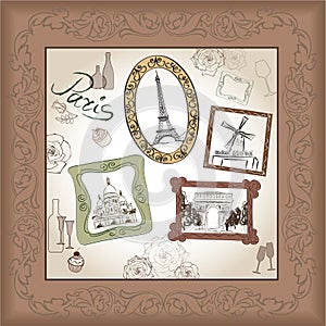 Paris symbol hand drawn picture in frame with design elements set.