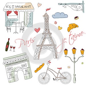 Paris symbols, postcard, hand drawn