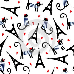 Paris symbols seamless pattern. Cute cartoon parisian cat and tour Eiffel vector illustration.