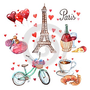 Paris symbols watercolor icons composition