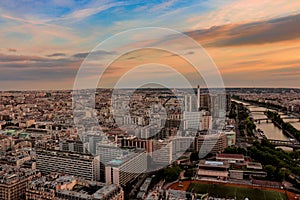 Paris top view , during golden sunset .