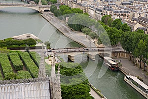 Paris top view to town with green trees, bridge and river