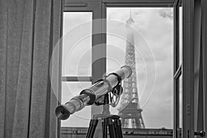 Paris tour eiffel view from room in black and white