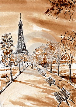 Paris urban landscape and Eiffe Tower. Hand drawn coffee and chinese ink on paper texture. Coffeedrawn collection. Bitmap image