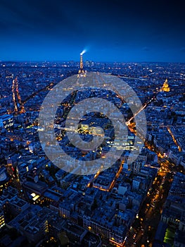 Paris view from above during blue hour in the evening from Montparnasse Tower