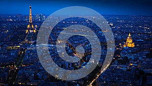 Paris view from above during blue hour in the evening from Montparnasse Tower