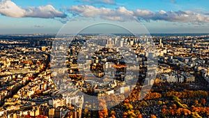 Paris view from above during a spectacular autumn sunset