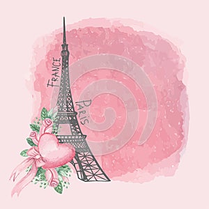 Paris vintage card.Eiffel tower,Watercolor pink