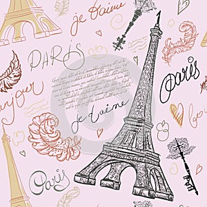 Paris. Vintage seamless pattern with Eiffel Tower, ancient keys, feathers and hand drawn lettering.