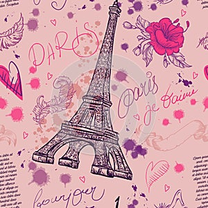 Paris. Vintage seamless pattern with Eiffel Tower, flowers, feathers and text.