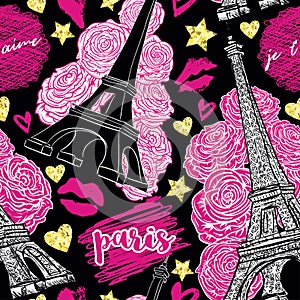 Paris. Vintage seamless pattern with Eiffel Tower, roses, kisses, hearts and stars with golden glitter foil texture