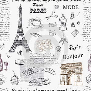 Paris. Vintage seamless pattern with Eiffel Tower, Triumphal Arch