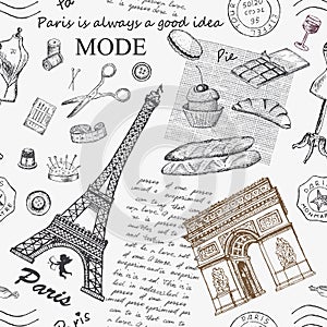 Paris. Vintage seamless pattern with Eiffel Tower, Triumphal Arch